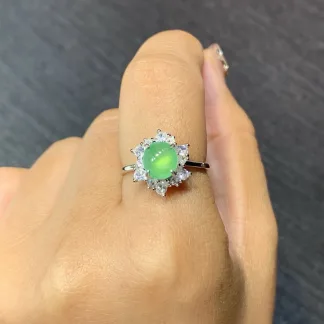 High-Icy Glowing Green Natural Jadeite Cabochon Ring — S925 Silver · No. 402C