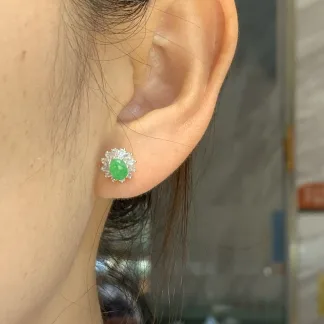 High-Icy Vivid Green Natural Jadeite Cabochon Stud Earrings — S925 Silver · No. 5DCC