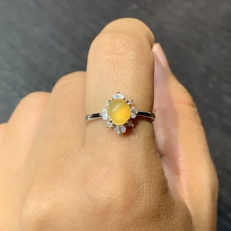 High-Icy Honey Yellow Natural Jadeite Cabochon Ring — S925 Silver · No. 1A44