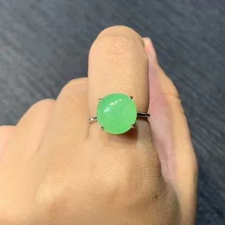 Icy Vivid Green Natural Jadeite Cabochon Ring — S925 Silver · No. 87D6
