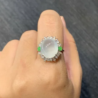 High-Icy Glowing Natural Jadeite Cabochon Ring — S925 Silver · No. 00B9