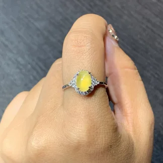 High-Icy Honey Yellow Natural Jadeite Cabochon Ring — S925 Silver · No. BDB4