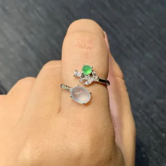 High-Icy Glowing White and Green Natural Jadeite Cabochon Ring — S925 Silver · No. 0058