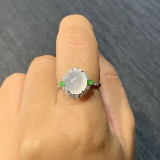 High-Icy Glowing Natural Jadeite Cabochon Ring — S925 Silver · No. 9BEB