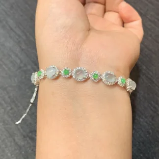 High-Icy Glowing Natural Jadeite Cabochon Bracelet — S925 Silver · No. 5FDB