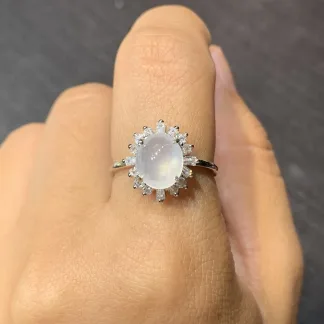 High-Icy Glowing Natural Jadeite Cabochon Ring — S925 Silver · No. 96DA
