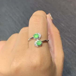 High-Icy Glowing Green Natural Jadeite Twin Cabochon Ring — S925 Silver · No. 0B02