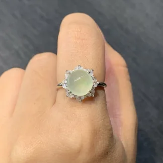 High-Icy Yellow and Green Fine Streaks Natural Jadeite Cabochon Ring — S925 Silver · No. 4342