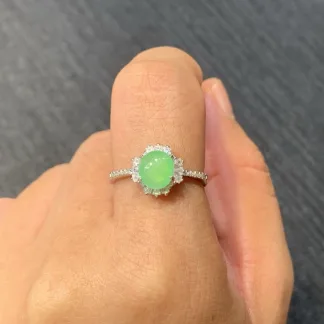 High-Icy Soft Vivid Green Natural Jadeite Cabochon Ring — S925 Silver · No. E1A9