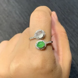 High-Icy White and Green Natural Jadeite Cabochon Ring — S925 Silver · No. 498A