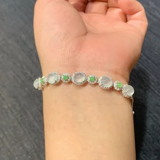High-Icy Glowing White and Green Natural Jadeite Cabochon Bracelet — S925 Silver · No. B54E