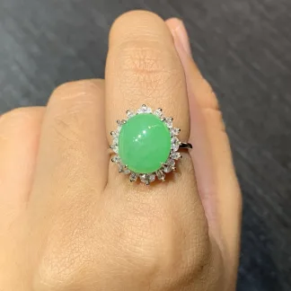 Icy Vivid Green Natural Jadeite Cabochon Ring — S925 Silver · No. B38B