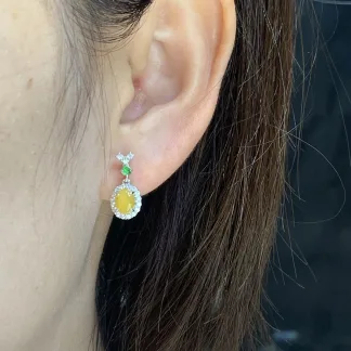 High-Icy Honey Yellow Natural Jadeite Cabochon Drop Earrings — S925 Silver · No. 6F96