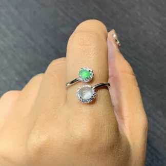 High-Icy White and Green Natural Jadeite Cabochon Ring — S925 Silver · No. 85A2