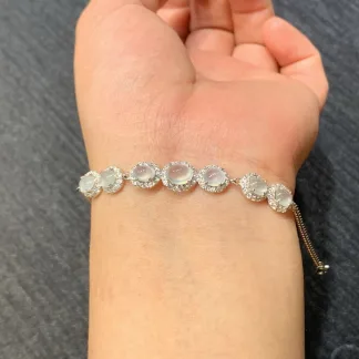 High-Icy Glowing Natural Jadeite Cabochon Bracelet — S925 Silver · No. 8994