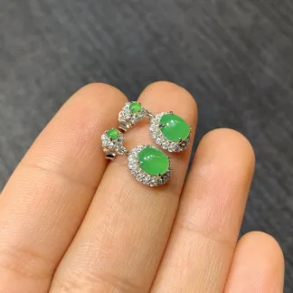 Icy Vivid Green Natural Jadeite Cabochon Drop Earrings — S925 Silver · No. 3610