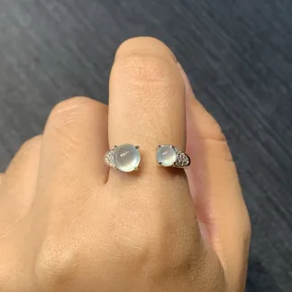 High-Icy Glowing Natural Jadeite Twin Cabochon Ring — S925 Silver · No. 4A2B