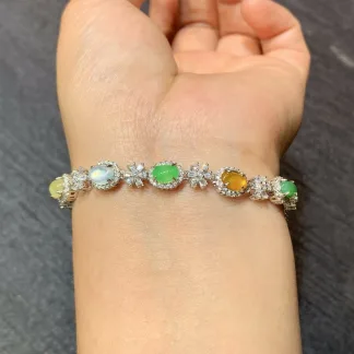 High-Icy Multicolor Natural Jadeite Cabochon Bracelet — S925 Silver · No. 3E29