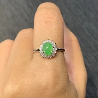 Icy Vivid Green Natural Jadeite Cabochon Ring — S925 Silver · No. 5586