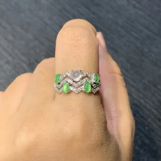 High-Icy Glowing White and Green Natural Jadeite Cabochon Ring — S925 Silver · No. 2A3D
