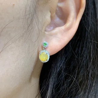 High-Icy Honey Yellow Natural Jadeite Cabochon Drop Earrings — S925 Silver · No. F767