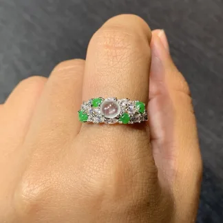 High-Icy White and Green Natural Jadeite Cabochon Ring — S925 Silver · No. DEC1