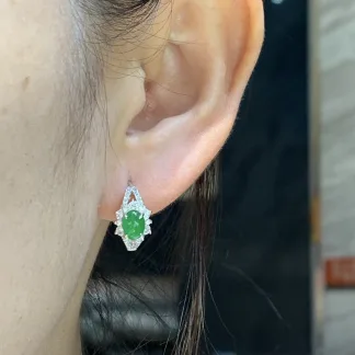 High-Icy Intense Vivid Green Natural Jadeite Cabochon Huggie Earrings — S925 Silver · No. D629