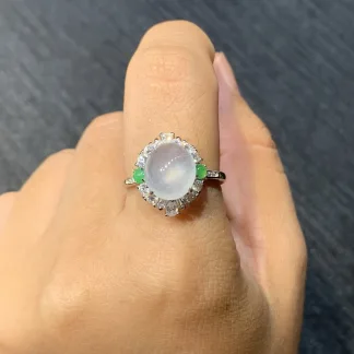 High-Icy Glowing Natural Jadeite Cabochon Ring — S925 Silver · No. 28C4