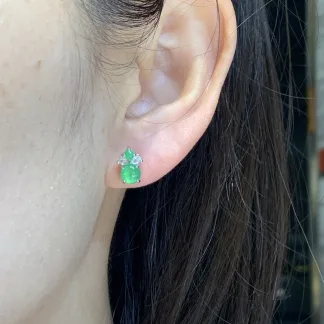 High-Icy Glowing Green Natural Jadeite Cabochon Stud Earrings — S925 Silver · No. 0163