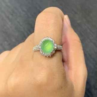High-Icy Glowing Green Natural Jadeite Cabochon Ring — S925 Silver · No. 2402