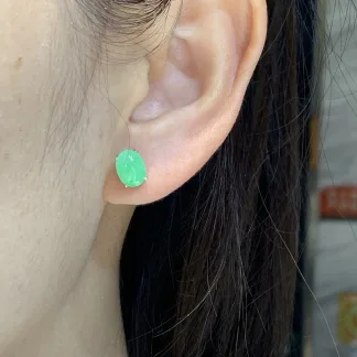 High-Icy Soft Vivid Green Natural Jadeite Cabochon Stud Earrings — S925 Silver · No. 1F60