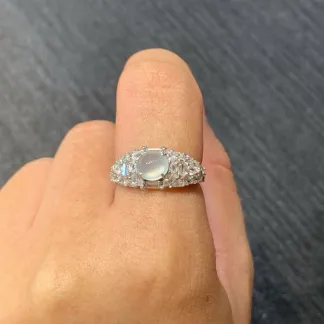 High-Icy Glowing Natural Jadeite Cabochon Ring — S925 Silver · No. FAF6