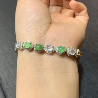 High-Icy Multicolor Natural Jadeite Cabochon Bracelet — S925 Silver · No. F6F4