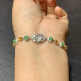 High-Icy Multicolor Natural Jadeite Cabochon Bracelet — S925 Silver · No. B909