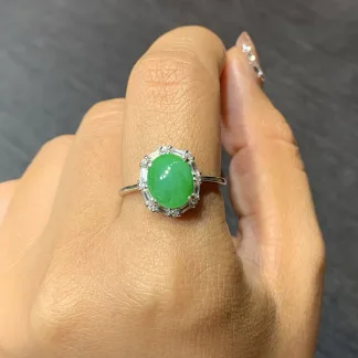 Icy Vivid Green Natural Jadeite Cabochon Ring — S925 Silver · No. 2867