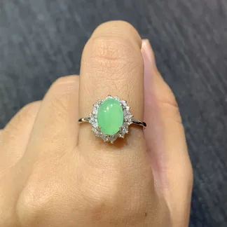High-Icy Clear Green Natural Jadeite Cabochon Ring — S925 Silver · No. C402