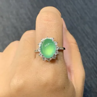 High-Icy Glowing Green Natural Jadeite Cabochon Ring — S925 Silver · No. 8EBC