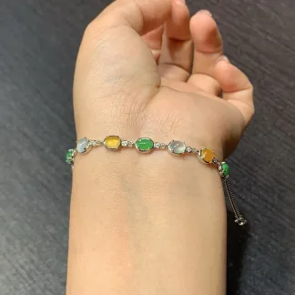 High-Icy Multicolor Natural Jadeite Cabochon Bracelet — S925 Silver · No. F489