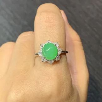 Icy Vivid Green Natural Jadeite Cabochon Ring — S925 Silver · No. 7DCD
