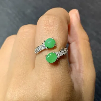 Vivid Green Natural Jadeite Twin Cabochon Ring — S925 Silver · No. B053