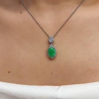 Icy Vivid Green Natural Jadeite Cabochon Pendant — S925 Silver · No. F5C2