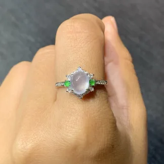 High-Icy Glowing Natural Jadeite Cabochon Ring — S925 Silver · No. F1E6