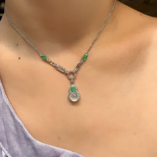 High-Icy Glowing White and Green Natural Jadeite Cabochon Necklace — S925 Silver · No. 0B85