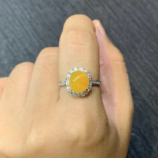 Icy Honey Yellow Natural Jadeite Cabochon Ring — S925 Silver · No. 3CBD