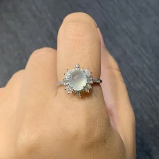 High-Icy Glowing Clear Natural Jadeite Cabochon Ring — S925 Silver · No. 021A