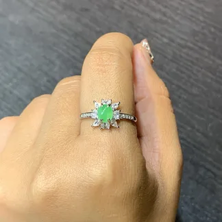Icy Vivid Green Natural Jadeite Cabochon Ring — S925 Silver · No. 4060