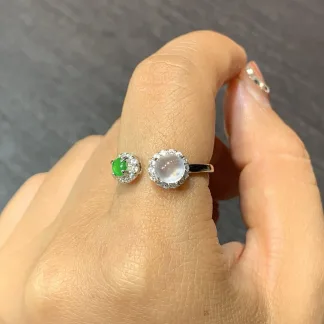 High-Icy White and Green Natural Jadeite Cabochon Ring — S925 Silver · No. 9DC6