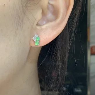 High-Icy Glowing Green Natural Jadeite Cabochon Stud Earrings — S925 Silver · No. 37C2