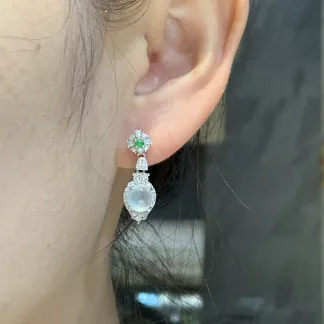 High-Icy Snowflake-Inclusion Natural Jadeite Cabochon Drop Earrings — S925 Silver · No. 59B5