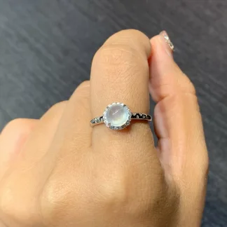 High-Icy Glowing Natural Jadeite Cabochon Ring — S925 Silver · No. 1B6F
